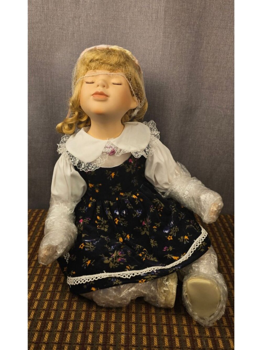 Decorative Porcelain Girl Doll With Blonde Curls Floral Velvet Dress & Lace Acce